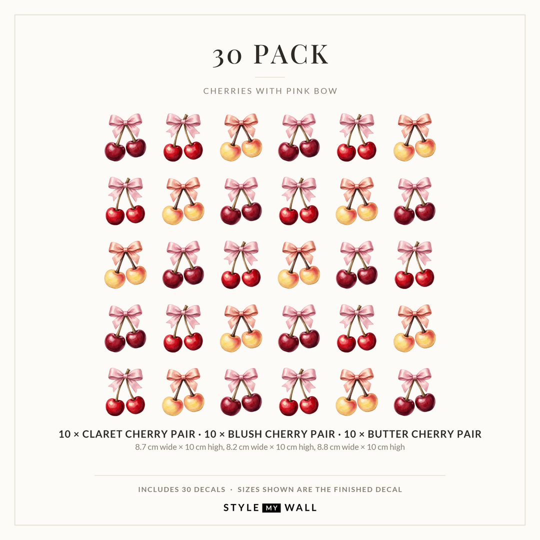Cherries with Pink Bow Wall Sticker Decals: 30 Pack sizes