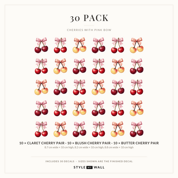 Cherries with Pink Bow Wall Sticker Decals: 30 Pack sizes