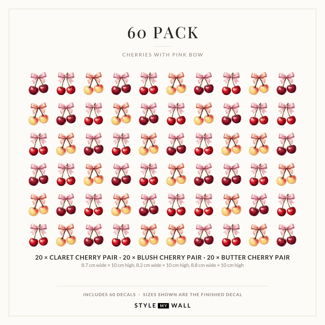 Cherries with Pink Bow Wall Sticker Decals: 60 Pack sizes