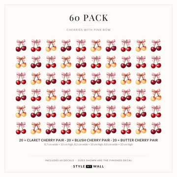Cherries with Pink Bow Wall Sticker Decals: 60 Pack sizes