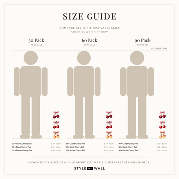 Cherries with Pink Bow Wall Sticker Decals: size guide, every size shown to scale beside a child