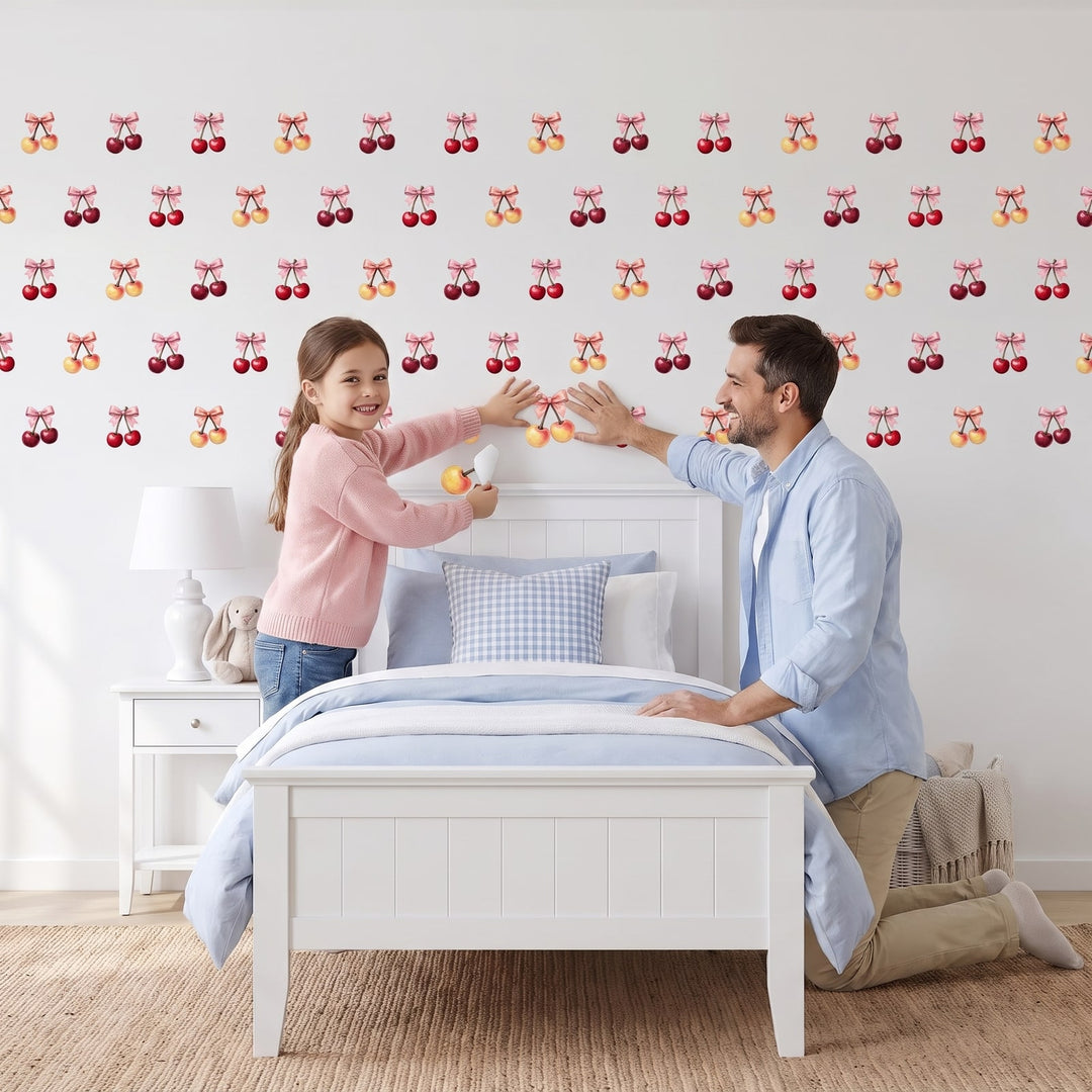 Cherries with Pink Bow Wall Sticker Decals wall decals: a girl and her dad putting the decals up in a girl's bedroom