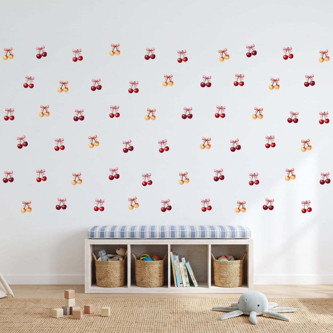 Cherries with Pink Bow Wall Sticker Decals wall decals on a playroom wall (60 Pack size)