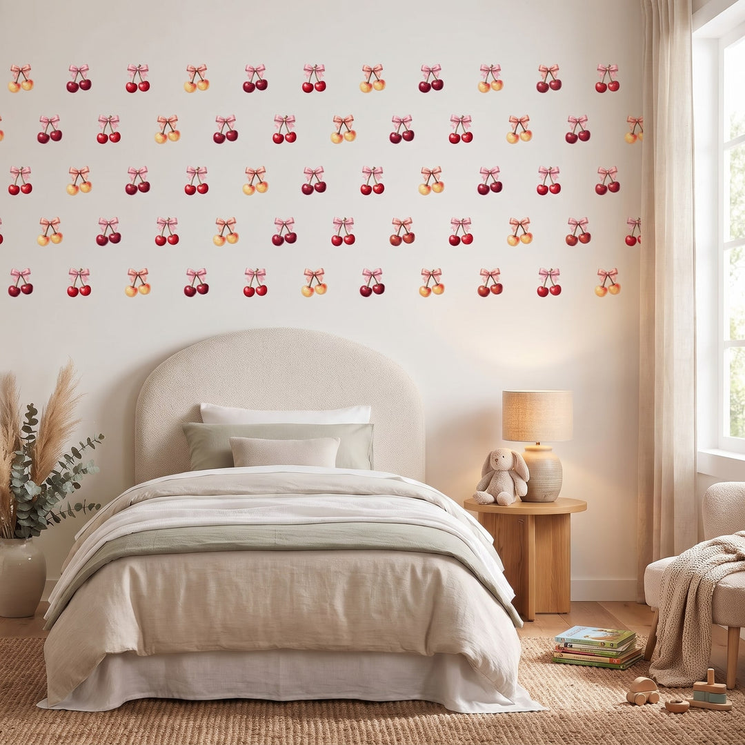 Cherries with Pink Bow Wall Sticker Decals wall decals: the whole room from a corner in a girl's bedroom
