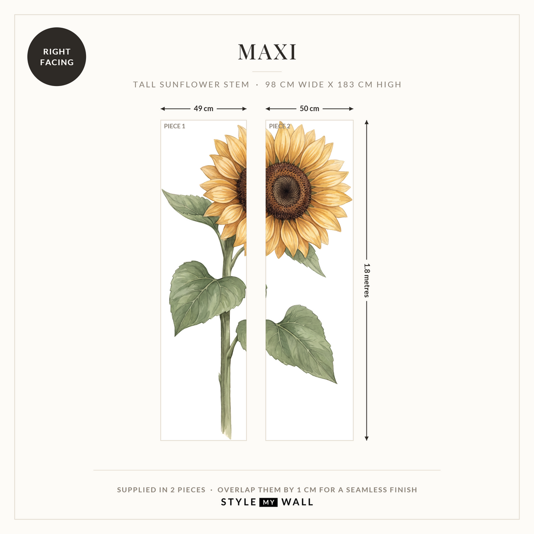 Giant Golden Sunflower Wall Sticker Decals: Maxi supplied in 2 pieces that overlap by 1 cm, right facing