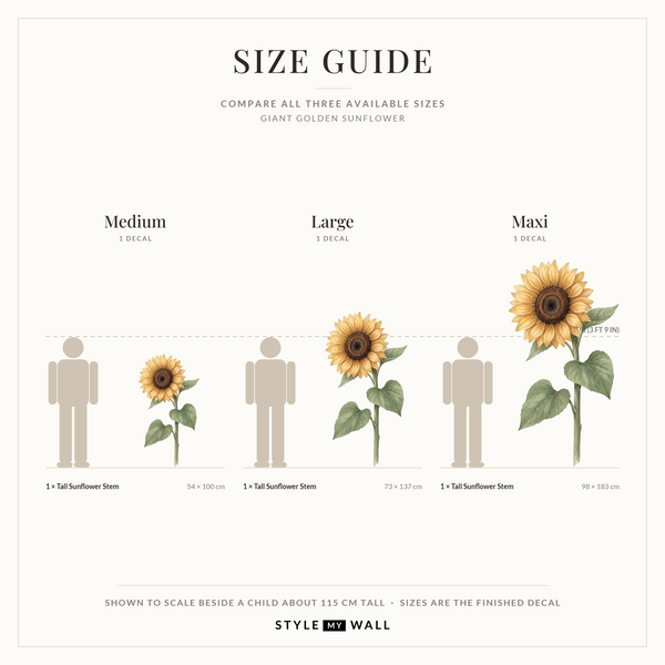 Giant Golden Sunflower Wall Sticker Decals: size guide, every size shown to scale beside a child
