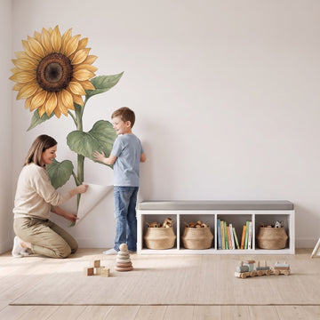 Giant Golden Sunflower Wall Sticker Decals wall decals: a boy and his mum putting the decals up in a playroom