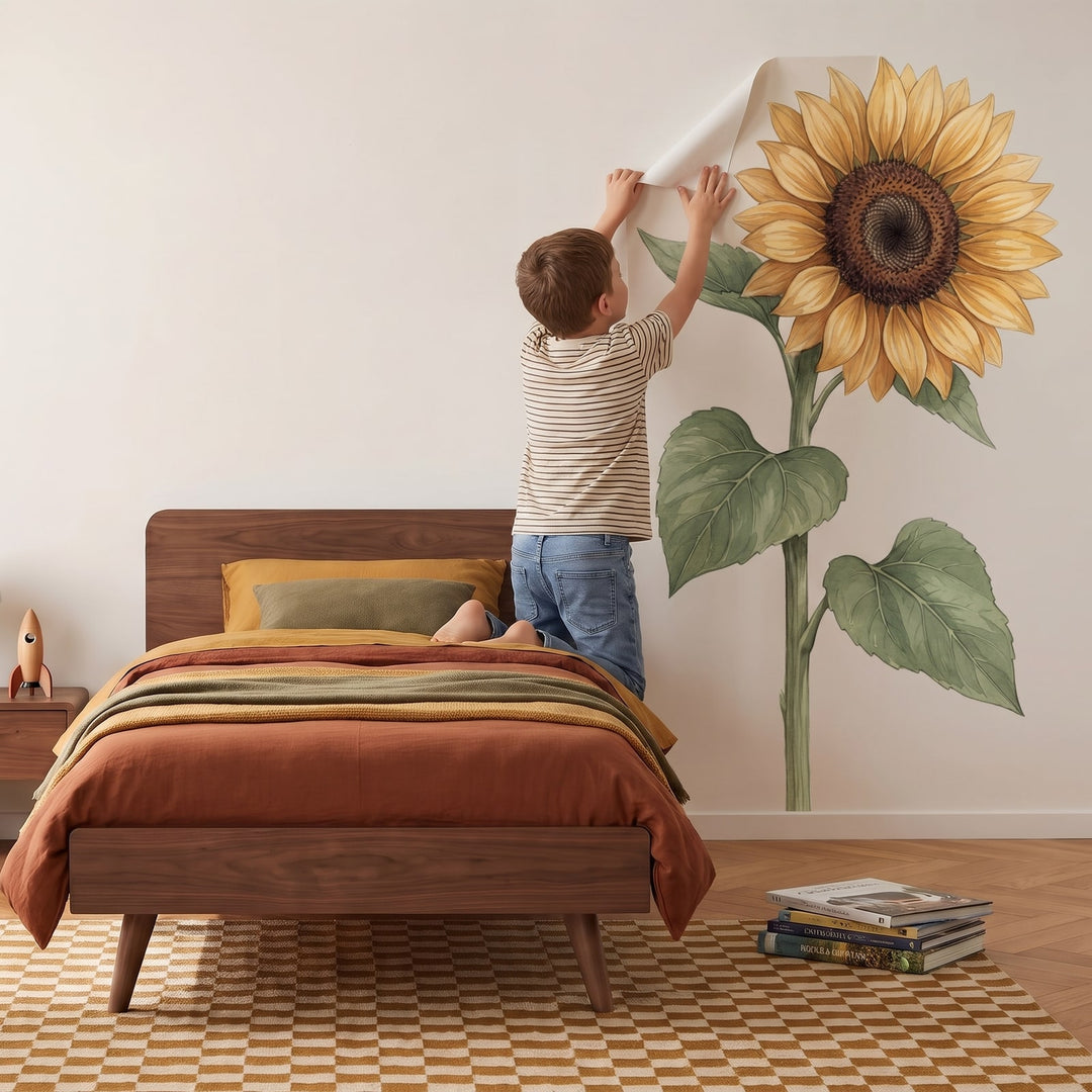 Giant Golden Sunflower Wall Sticker Decals wall decals: a boy putting the decals up in a boy's bedroom