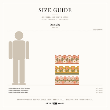 Retro Daisy Scallop Border Wall Sticker Decals: size guide, every size shown to scale beside a child