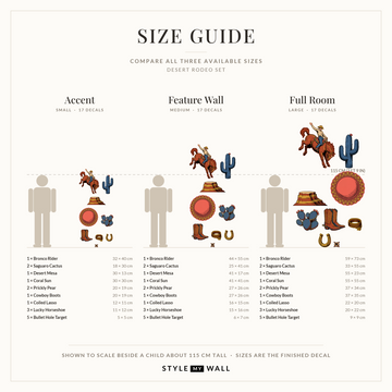 Desert Rodeo Wall Sticker Decals: size guide, every size shown to scale beside a child