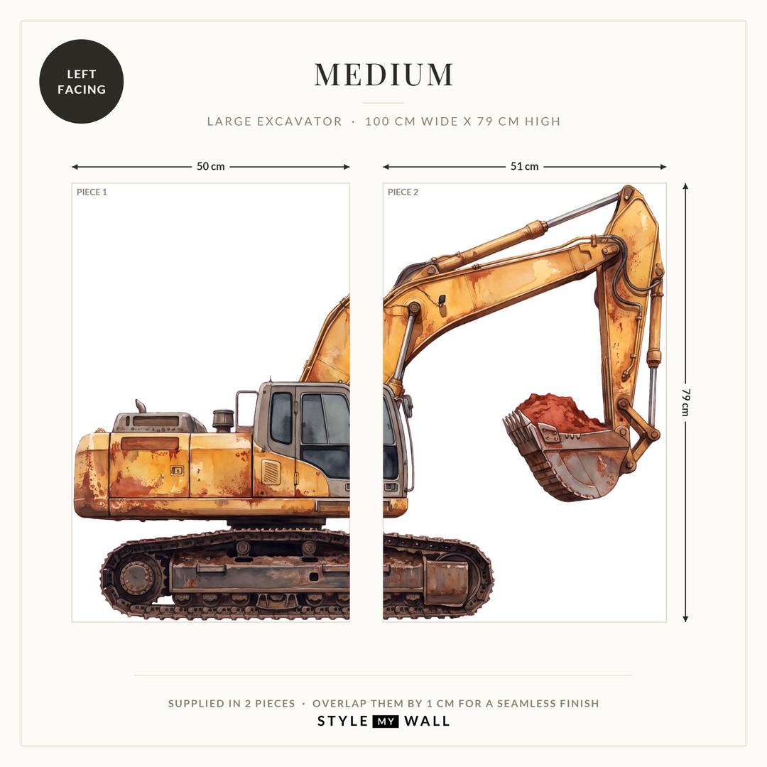 Big Dig Excavator Wall Sticker Decals: Medium supplied in 2 pieces that overlap by 1 cm, left facing