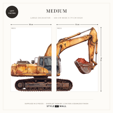 Big Dig Excavator Wall Sticker Decals: Medium supplied in 2 pieces that overlap by 1 cm, left facing