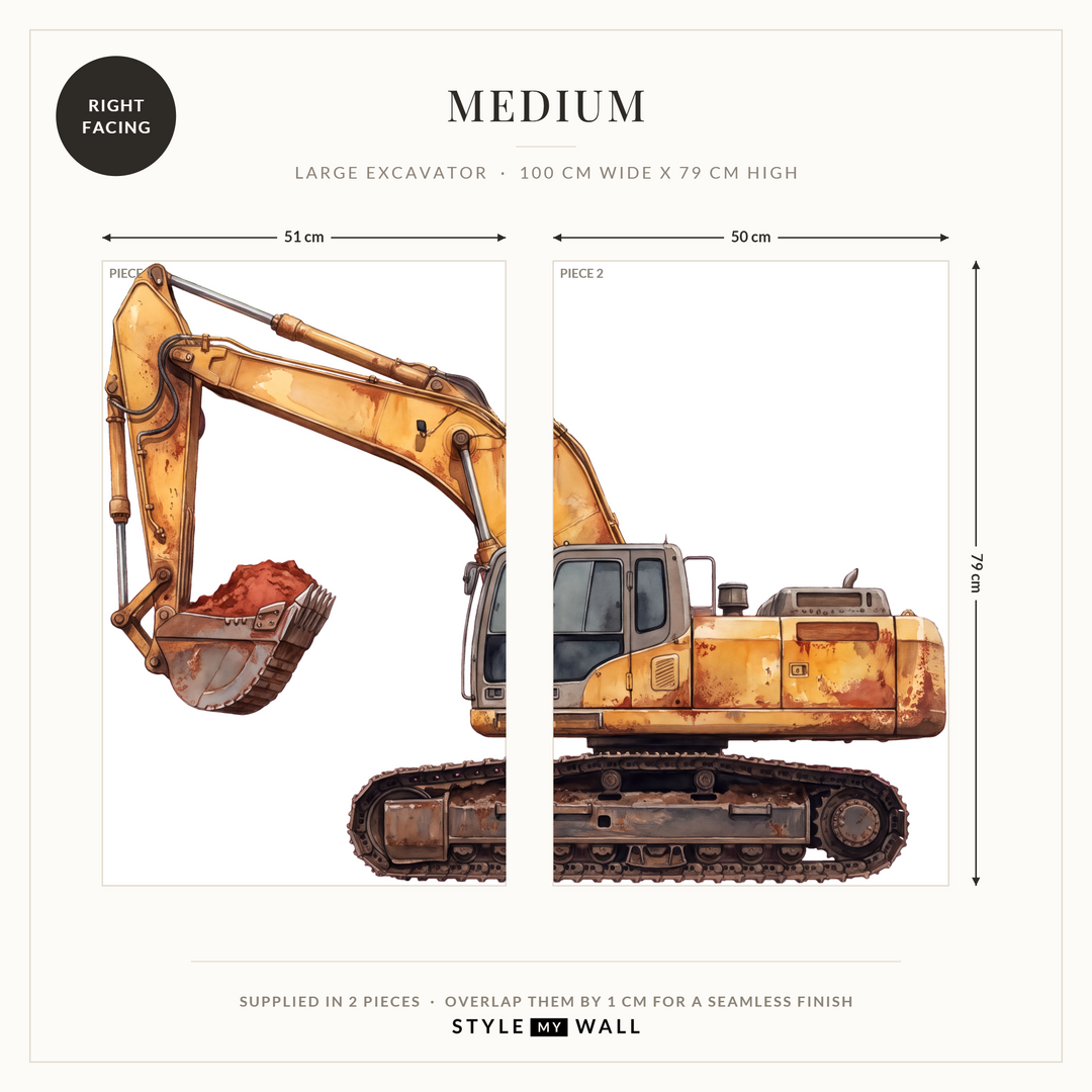 Big Dig Excavator Wall Sticker Decals: Medium supplied in 2 pieces that overlap by 1 cm, right facing