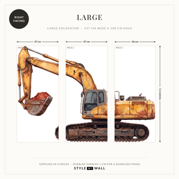 Big Dig Excavator Wall Sticker Decals: Large supplied in 3 pieces that overlap by 1 cm, right facing