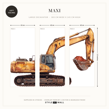 Big Dig Excavator Wall Sticker Decals: Maxi supplied in 3 pieces that overlap by 1 cm, left facing