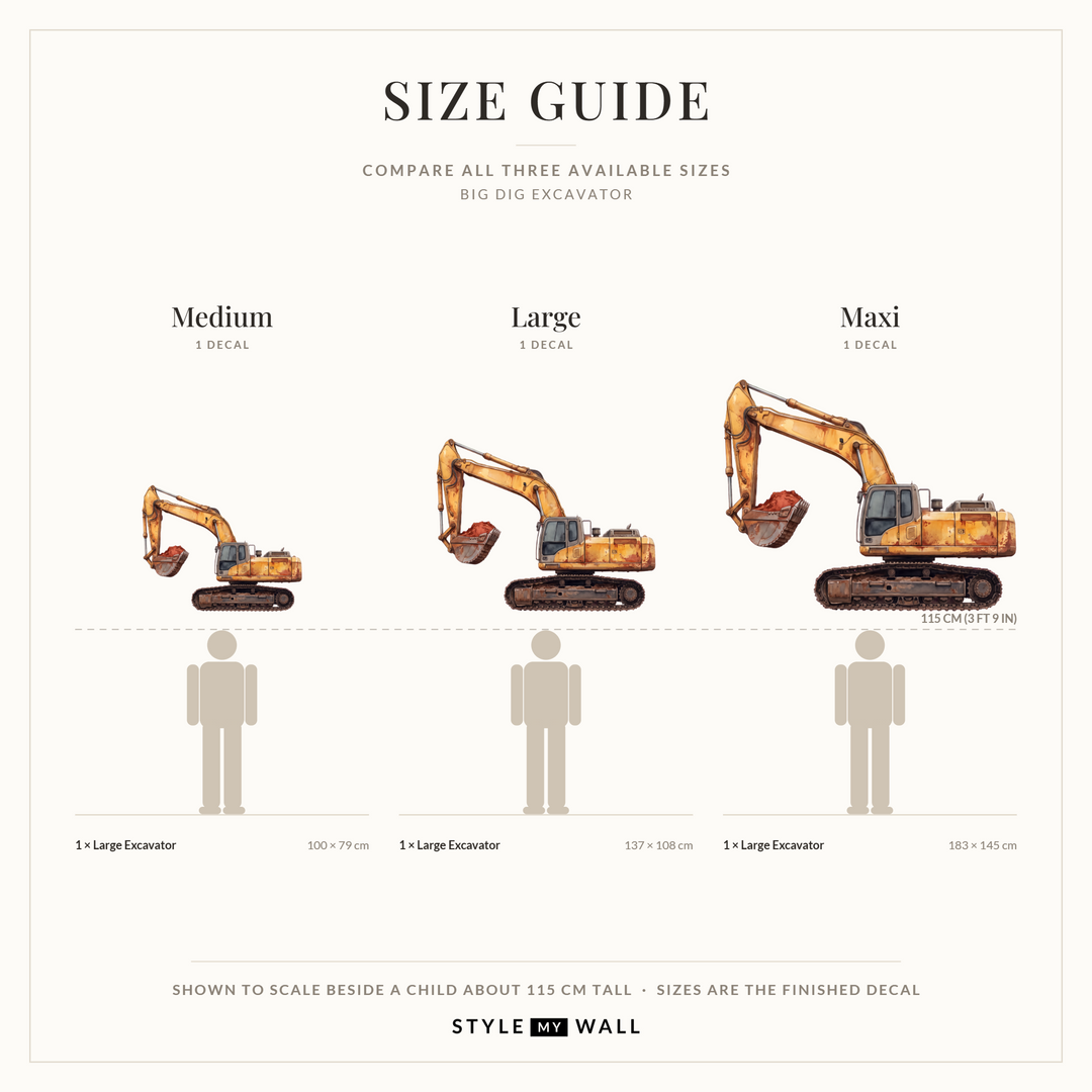 Big Dig Excavator Wall Sticker Decals: size guide, every size shown to scale beside a child