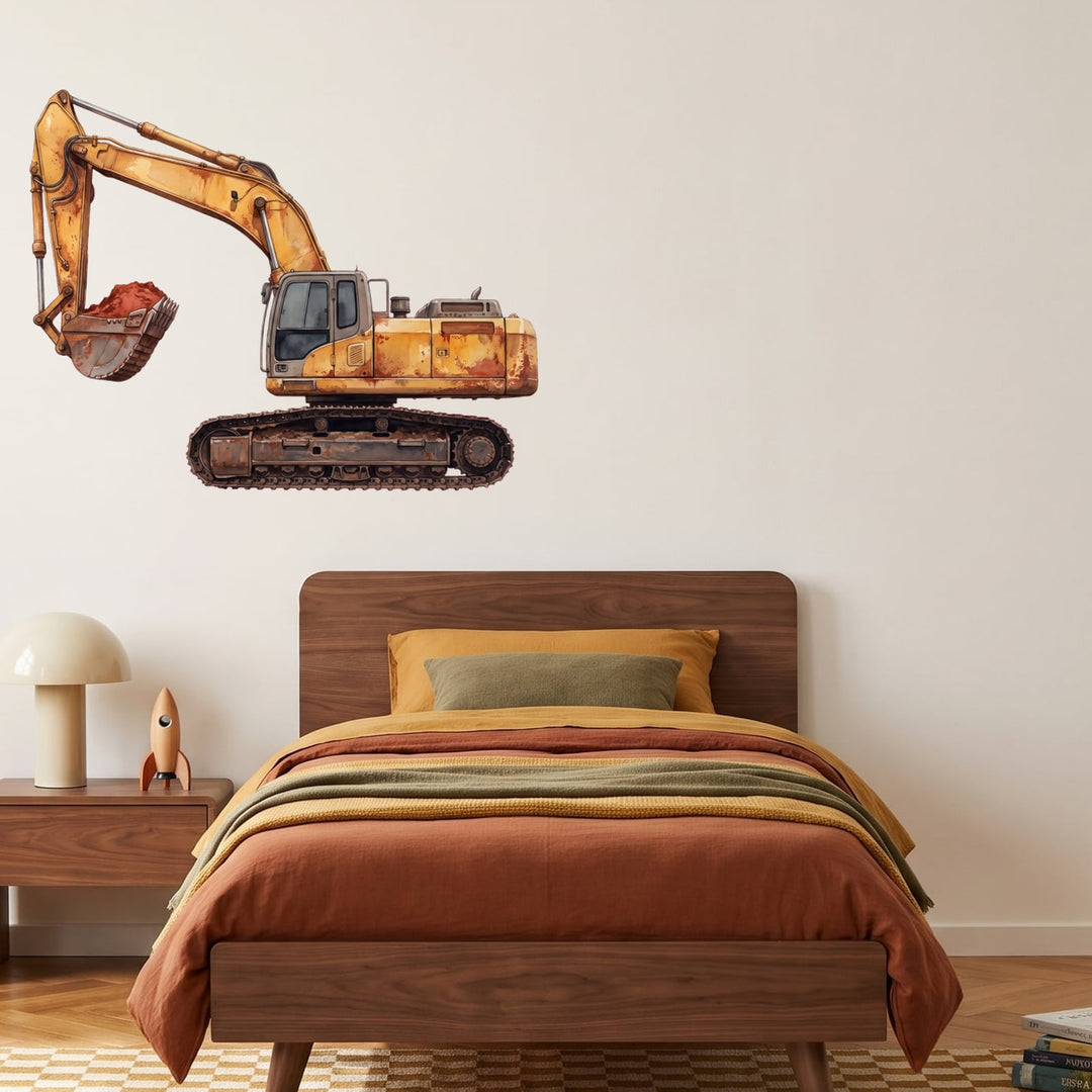 Big Dig Excavator Wall Sticker Decals wall decals on a boy's bedroom wall (Medium (100 x 79 cm) size, right facing)