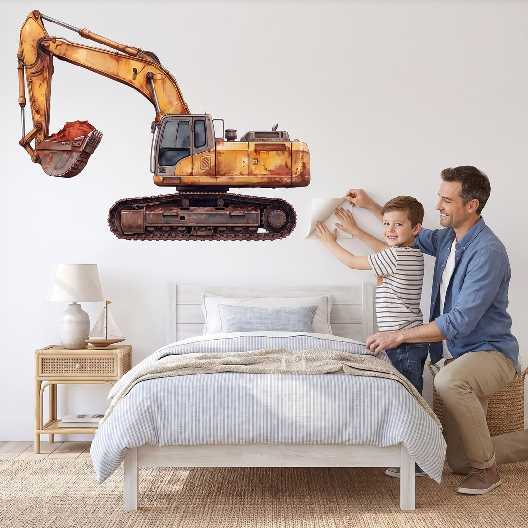 Big Dig Excavator Wall Sticker Decals wall decals: a boy and his dad putting the decals up in a boy's bedroom
