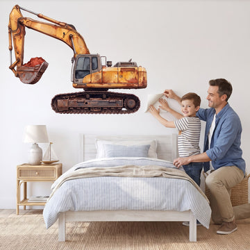 Big Dig Excavator Wall Sticker Decals wall decals: a boy and his dad putting the decals up in a boy's bedroom