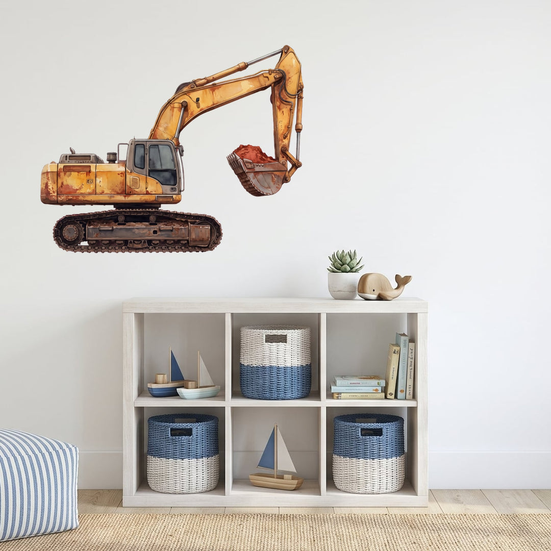 Big Dig Excavator Wall Sticker Decals wall decals on a kids' room wall (Medium (100 x 79 cm) size, left facing)