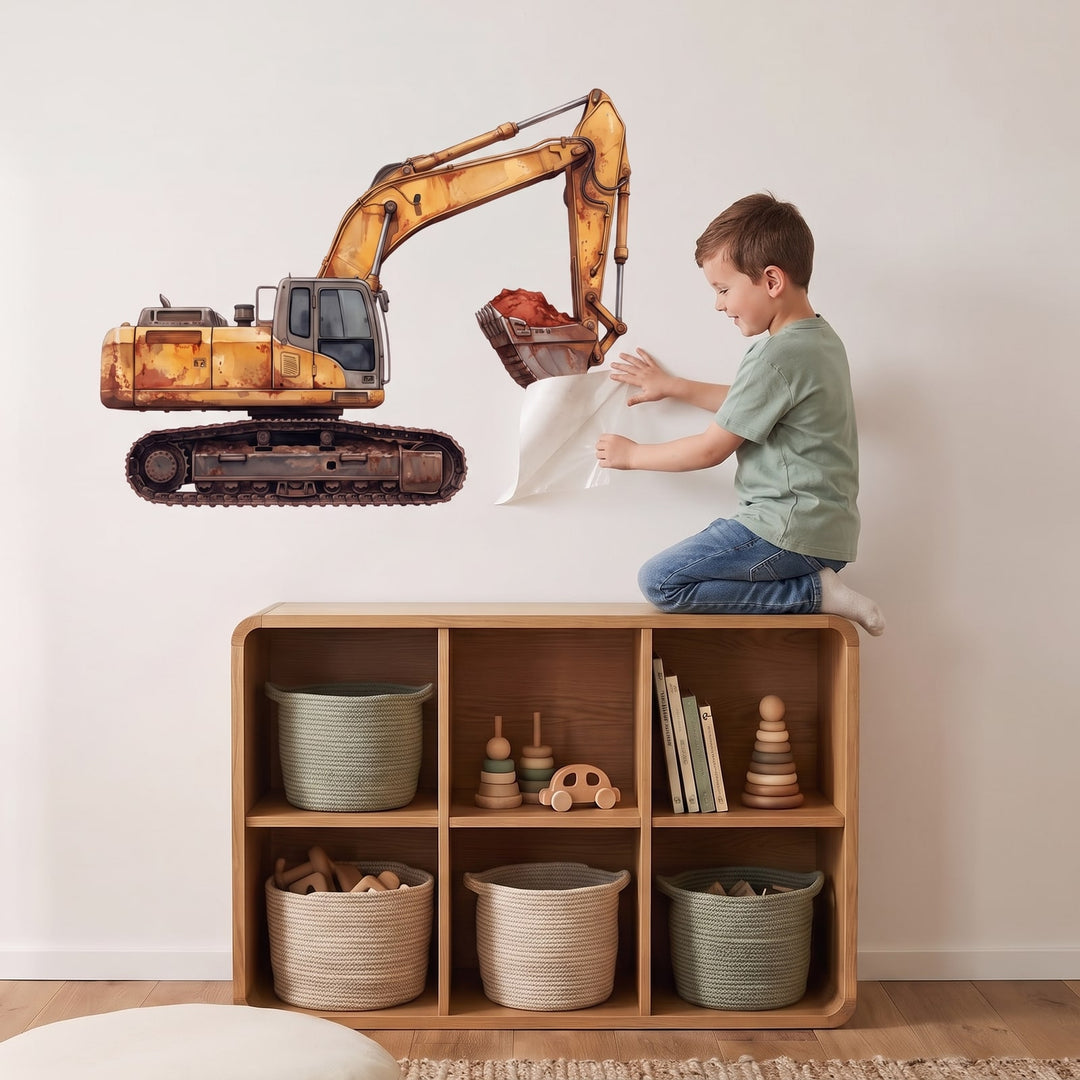 Big Dig Excavator Wall Sticker Decals wall decals: a boy putting the decals up in a kids' room