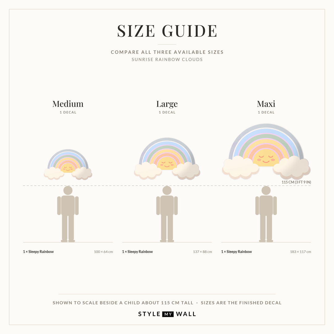 Sunrise Rainbow Clouds Wall Sticker Decals: size guide, every size shown to scale beside a child