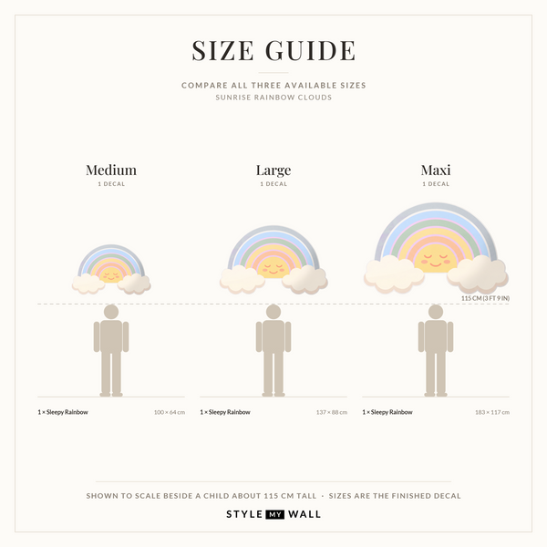 Sunrise Rainbow Clouds Wall Sticker Decals: size guide, every size shown to scale beside a child