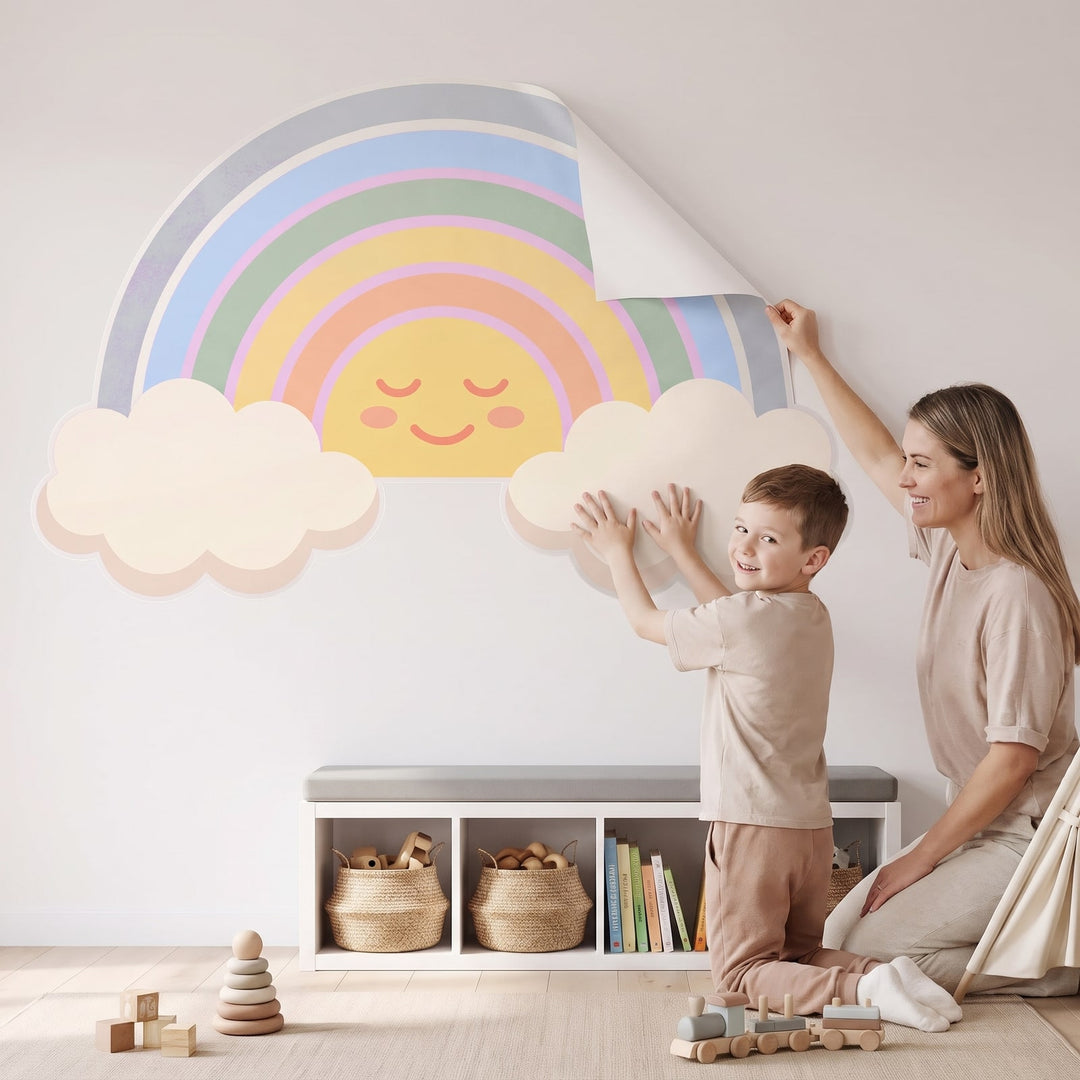 Sunrise Rainbow Clouds Wall Sticker Decals wall decals: a boy and his mum putting the decals up in a playroom