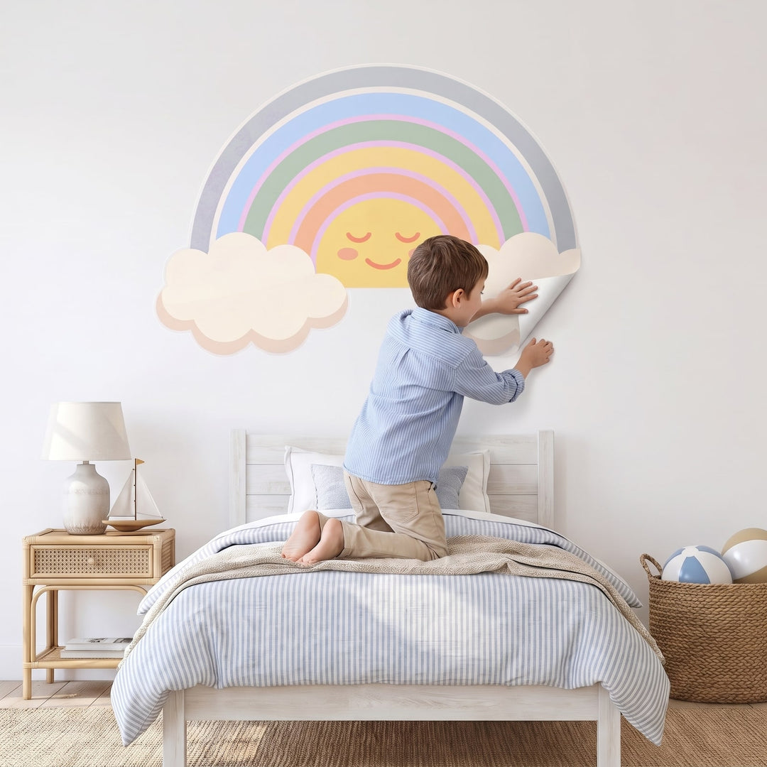 Sunrise Rainbow Clouds Wall Sticker Decals wall decals: a boy putting the decals up in a boy's bedroom