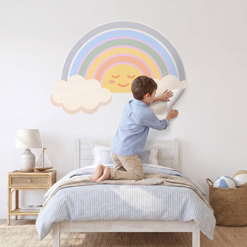 Sunrise Rainbow Clouds Wall Sticker Decals wall decals: a boy putting the decals up in a boy's bedroom