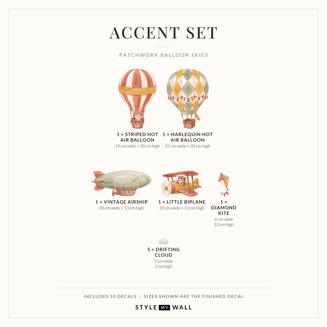 Patchwork Balloon Skies Wall Sticker Decals: Accent Set sizes