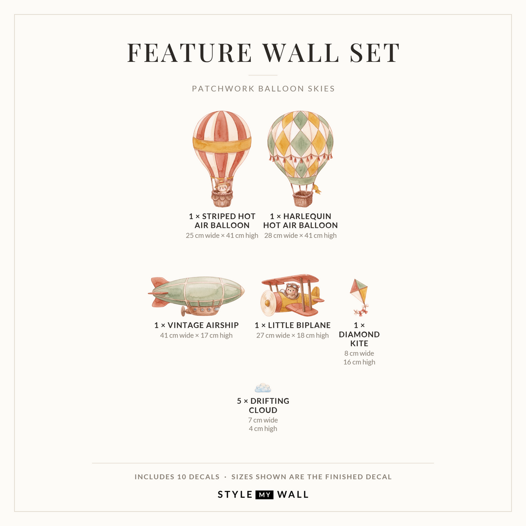 Patchwork Balloon Skies Wall Sticker Decals: Feature Wall Set sizes