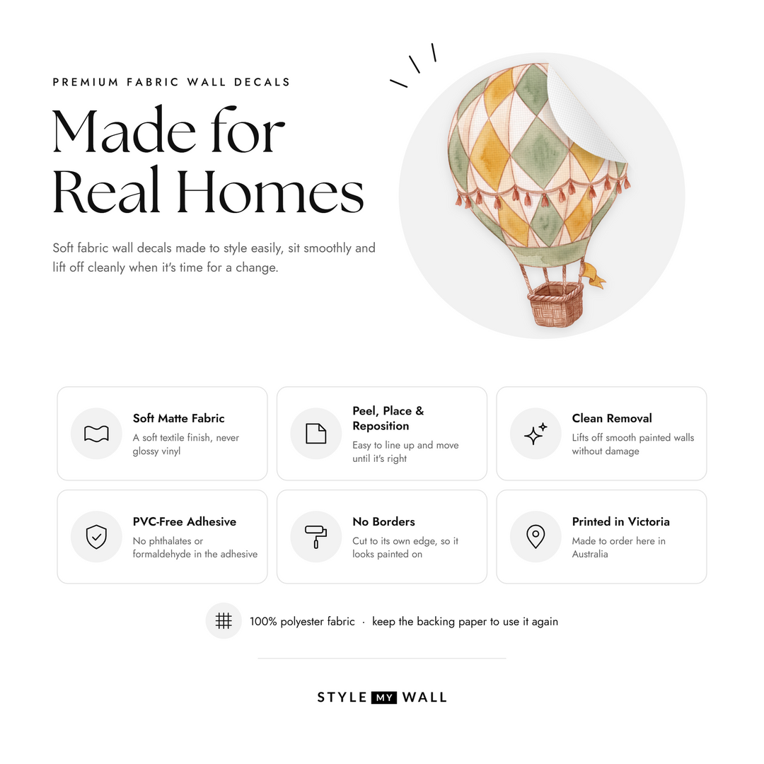 Patchwork Balloon Skies Wall Sticker Decals: soft matte fabric wall decals that peel, stick and reposition, printed in Victoria