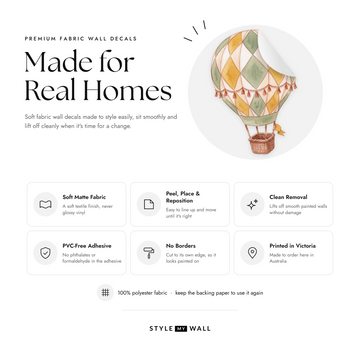 Patchwork Balloon Skies Wall Sticker Decals: soft matte fabric wall decals that peel, stick and reposition, printed in Victoria