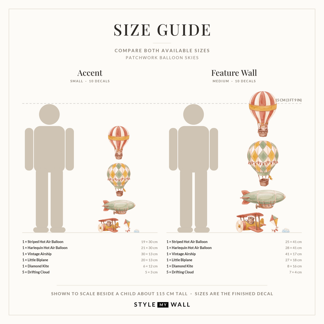 Patchwork Balloon Skies Wall Sticker Decals: size guide, every size shown to scale beside a child