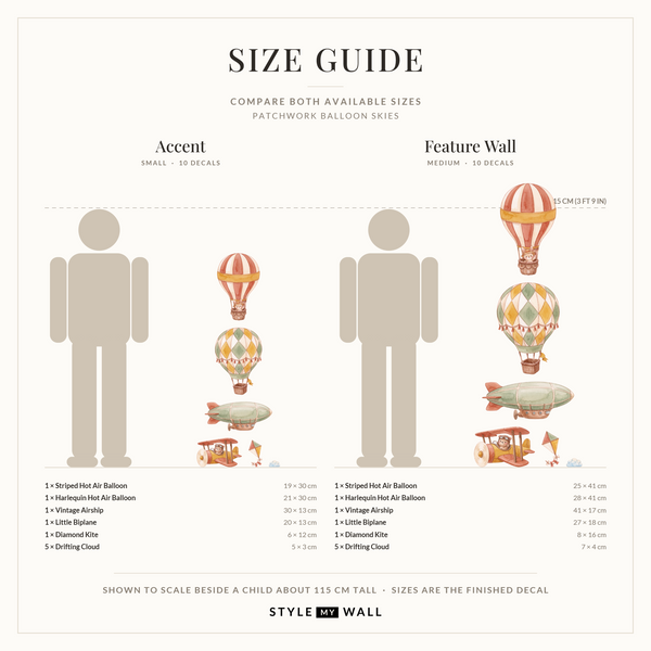 Patchwork Balloon Skies Wall Sticker Decals: size guide, every size shown to scale beside a child