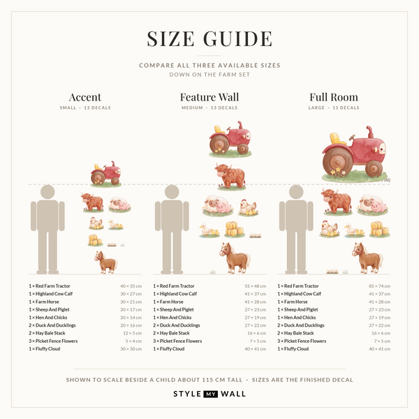 Down on the Farm Wall Sticker Decals: size guide, every size shown to scale beside a child