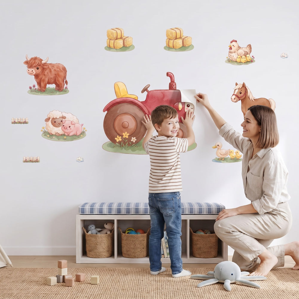 Down on the Farm Wall Sticker Decals wall decals: a boy and his mum putting the decals up in a playroom