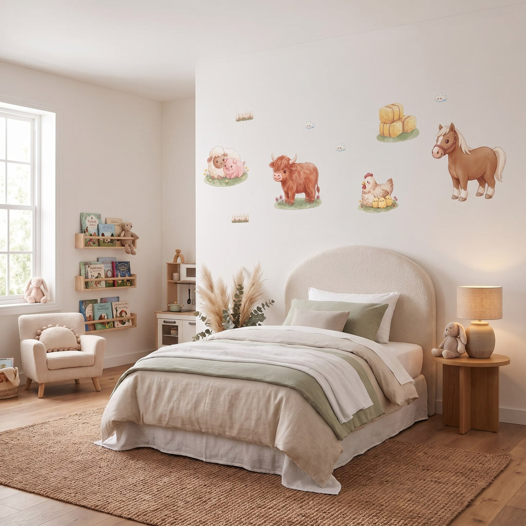 Down on the Farm Wall Sticker Decals wall decals: the whole room from a corner in a girl's bedroom