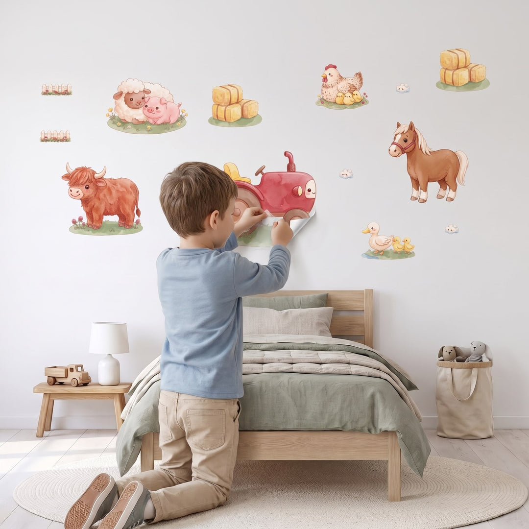 Down on the Farm Wall Sticker Decals wall decals: a boy putting the decals up in a boy's bedroom