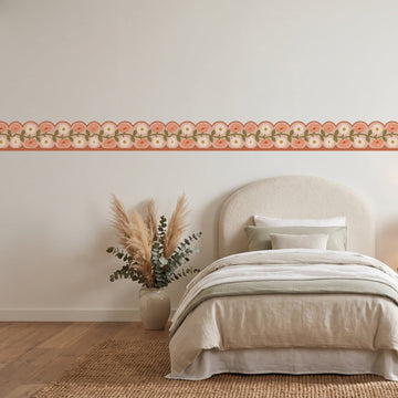 Retro Daisy Scallop Border Wall Sticker Decals wall decals on a girl's bedroom wall (in Peach Peach Terracotta, 5 m (10 x 50 cm) size)