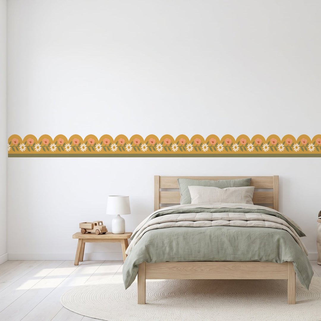 Retro Daisy Scallop Border Wall Sticker Decals wall decals on a boy's bedroom wall (in Olive Olive Mustard, 5 m (10 x 50 cm) size)