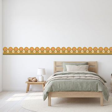 Retro Daisy Scallop Border Wall Sticker Decals wall decals on a boy's bedroom wall (in Olive Olive Mustard, 5 m (10 x 50 cm) size)