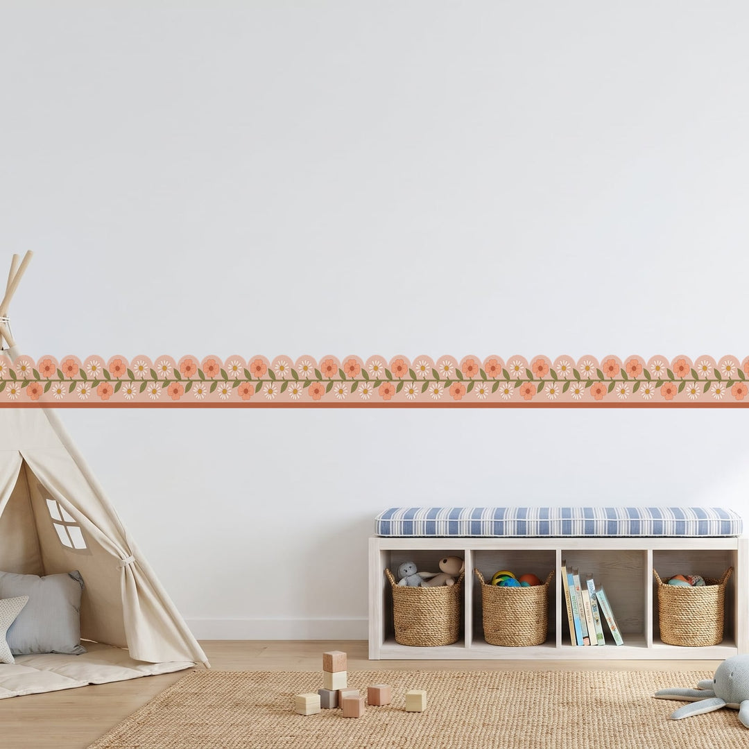 Retro Daisy Scallop Border Wall Sticker Decals wall decals on a playroom wall (in Blush Blush Cream, 5 m (10 x 50 cm) size)