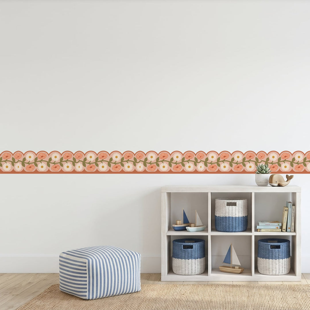 Retro Daisy Scallop Border Wall Sticker Decals wall decals on a kids' room wall (in Peach Peach Terracotta, 3 m (6 x 50 cm) size)