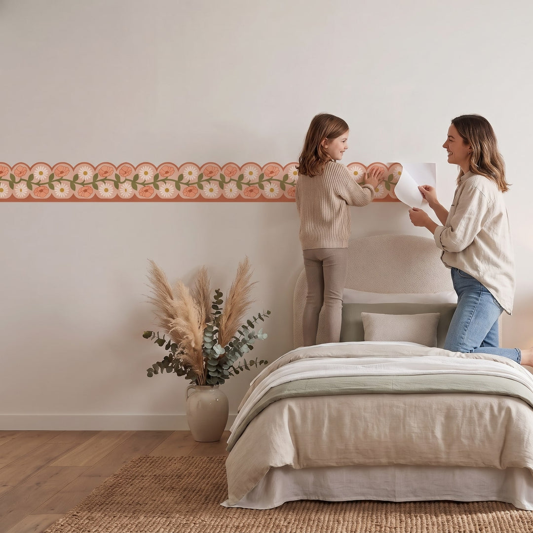 Retro Daisy Scallop Border Wall Sticker Decals wall decals: a girl and her mum putting the decals up in a girl's bedroom