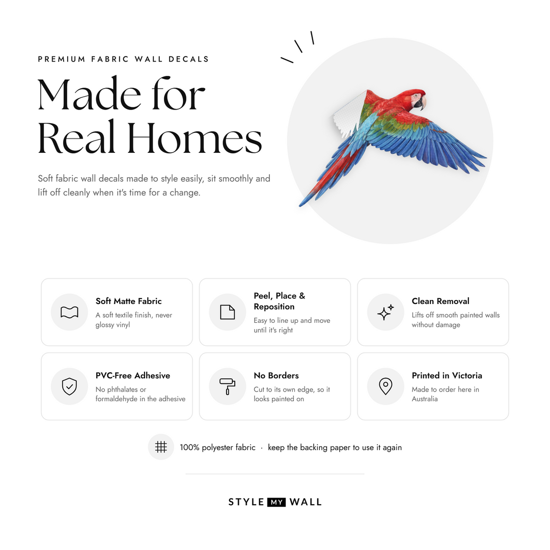 Flying Macaws Wall Sticker Decals: soft matte fabric wall decals that peel, stick and reposition, printed in Victoria