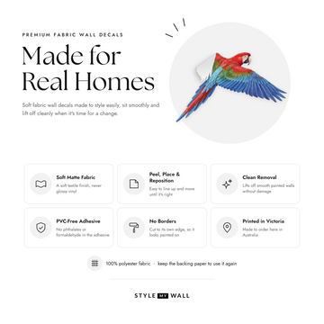 Flying Macaws Wall Sticker Decals: soft matte fabric wall decals that peel, stick and reposition, printed in Victoria