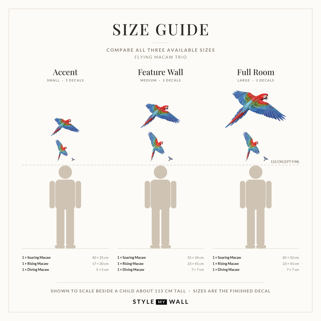 Flying Macaws Wall Sticker Decals: size guide, every size shown to scale beside a child