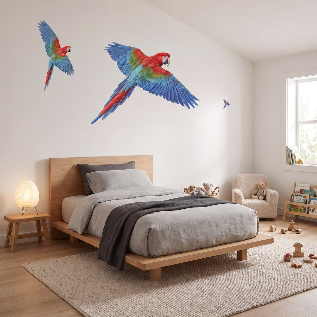 Flying Macaws Wall Sticker Decals wall decals: the whole room from a corner in a boy's bedroom